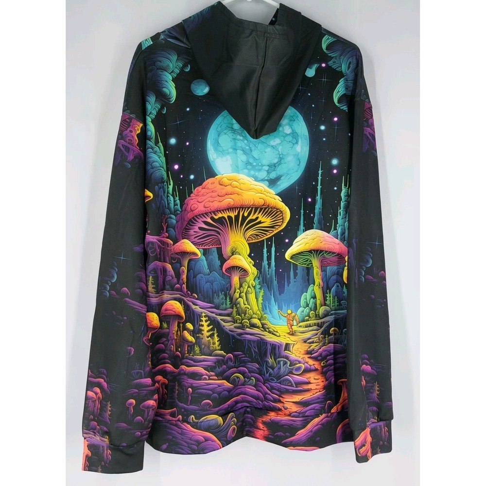 Psychedelic Moon Mushroom Zip Hoodie with Pocket Vibrant Fungi All-Over Print XL - Picture 4 of 7